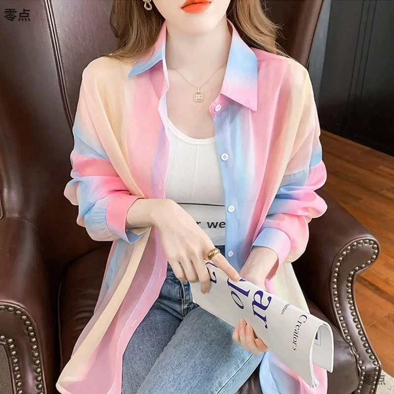 Солнцезащитная одежда для женщин лето 2025, новая тонкая рубашка с длинным рукавом радужного цвета, модная верхняя одежда, легкий кардиган