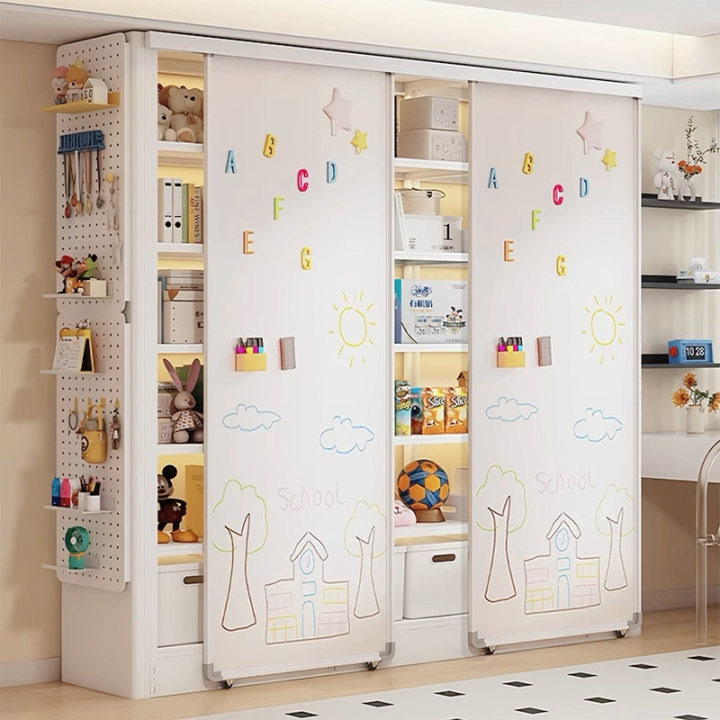 Household Whiteboard Sliding Door Bookshelf Living Room Study Integrated Multi-Layer Combination Cabinet Children's Picture Book Shelf Dust-Proof Bookcase