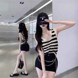 冰丝针织撞色条纹镂空吊带小背心女夏季宽松短款坎肩无袖上衣外穿