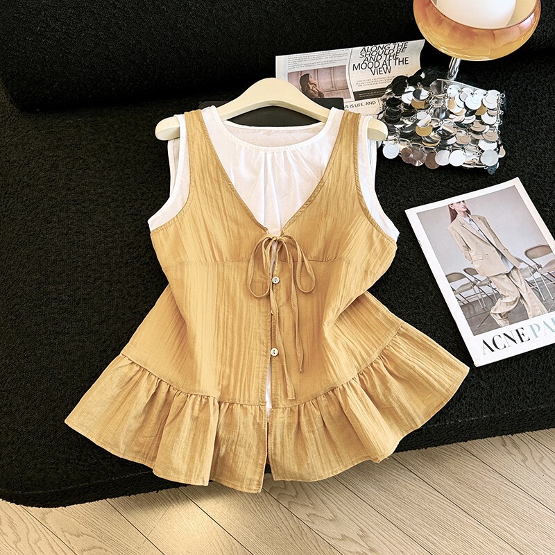 2026 Summer New Korean Style Design Lace-Up Ruffle Two-Piece Sleeveless Shirt Top for Women in Gentle Orange Color 2026 Summer New Korean Style Design Lace-Up Ruffle Two-Piece Sleeveless Shirt Top for Women in Gentle Orange Color