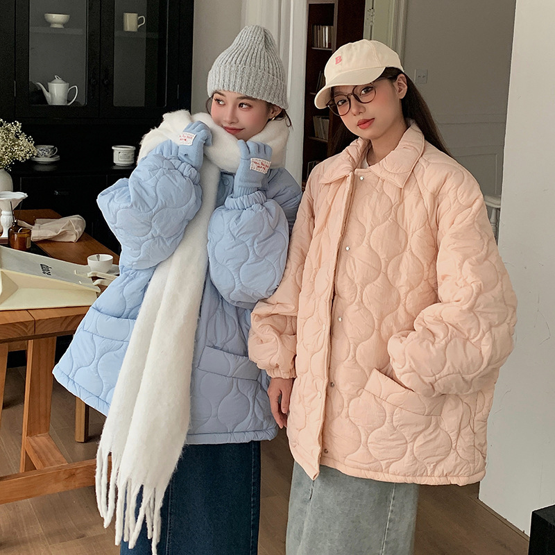 多巴胺彩色菱格棉服女新款复古外套面包服宽松内底羊羔毛韩版棉衣|undefined