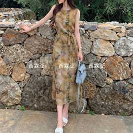 金辉夏季复古烟墨晕染印花无袖系腰真丝连衣裙