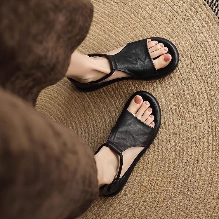 Sandalias francesas con suela plana para mujeres de verano para viajar versátil no se cansa pies retro dedos descubiertos zapatos casuales romanos con suela gruesa