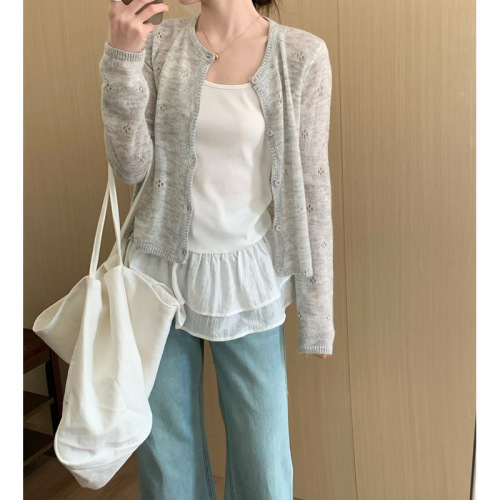 Miaona Knitted Cardigan Coat Women 2025 New Korean Style Spring and Summer Top White Lace Strap Dress Outer 