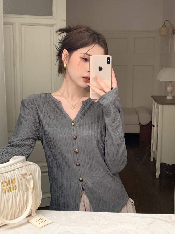 大码纹理感V领长袖正肩女T恤小众设计秋款百搭小衫胖mm显瘦上衣女|undefined