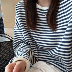 撞色条纹ins风宽松圆领卫衣长袖女2025秋季韩系松弛感百搭T恤上衣