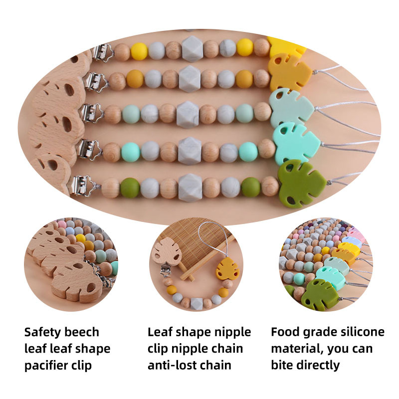 Suministros para bebés creativo clip de chupete de hoja de haya juguete mordedor bebé Cadena de chupete de hoja de silicona cadena anti-caída