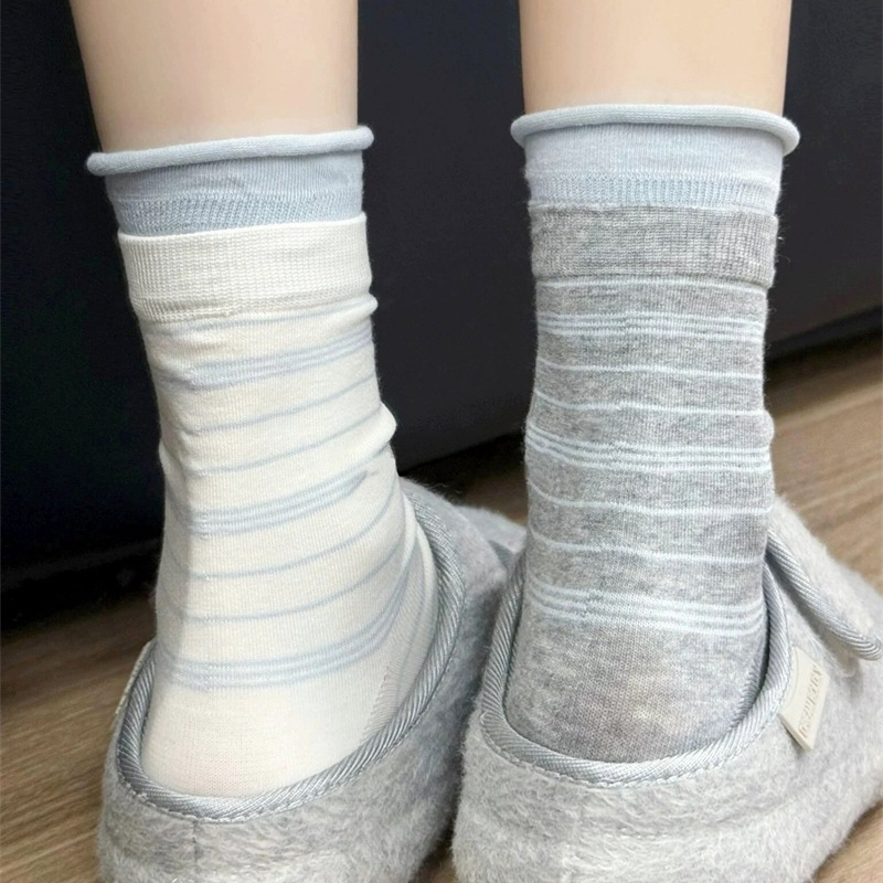 Striped color-block socks for women, mid-calf length, new Korean-style trendy Miu-style double ribbed cuff versatile women's rolled-edge stacked socks Striped color-block socks for women, mid-calf length, new Korean-style trendy Miu-style double ribbed cuff versatile women's rolled-edge stacked socks