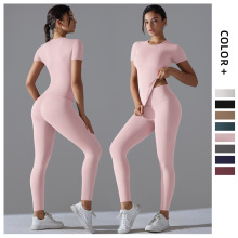 跨境欧美新款裸感紧身短袖瑜伽跑步套装高腰无尴尬线健身长裤套装