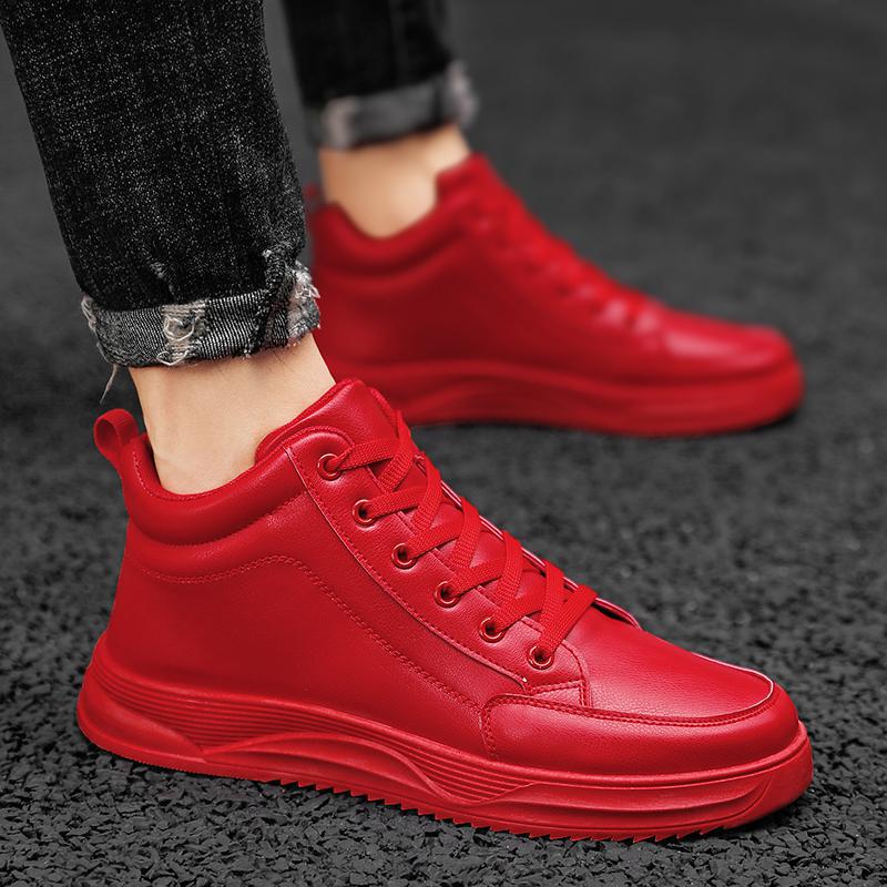 Red foreign-style New Year shoes for lovers leather waterproof shoes for men and women flat high-top solid color high-top shoes wholesale