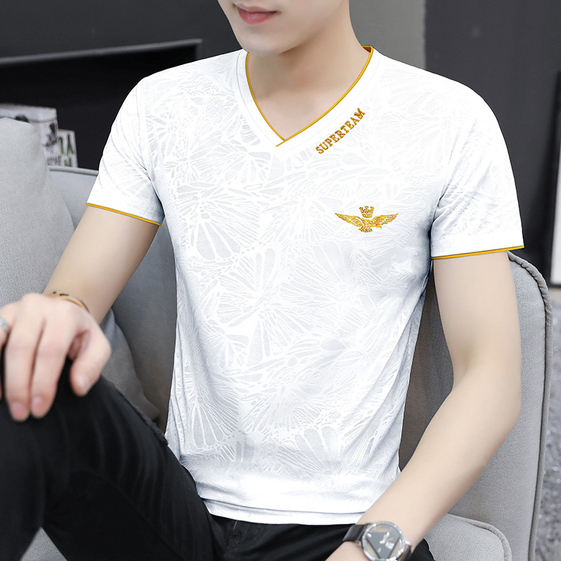 Ice Silk Breathable Short-sleeved T-shirt Men's V-neck 2024 Summer High-end Embroidery Quick-drying T-shirt Top for Men