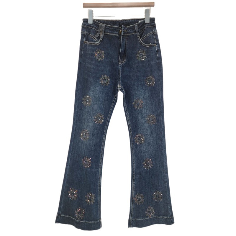 Vintage americano lavado con agua elástico flor caliente taladro de moda jeans recto para mujeres pantalones largos largos casuales de piernas anchas