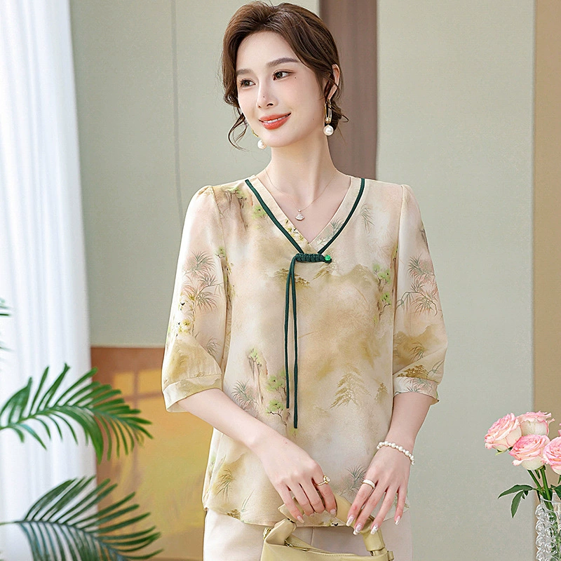 Летняя мама с V-образным вырезом с короткими рукавами топ 50 лет среднего и пожилого возраста