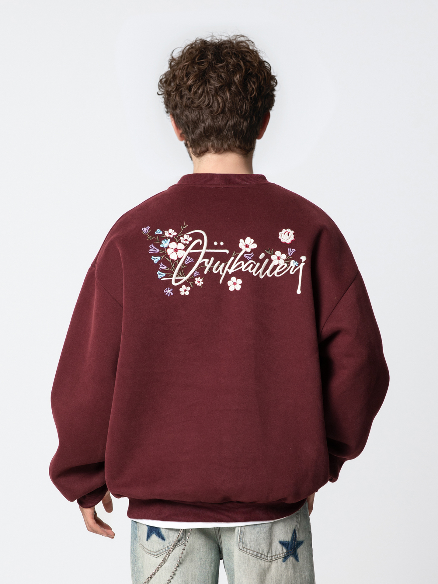 380 グラムヘビーウェイトコントラストカラーフラワーレター刺繍ラウンドネックスウェットシャツメンズ秋の質感ルーズカジュアルプルオーバージャケット