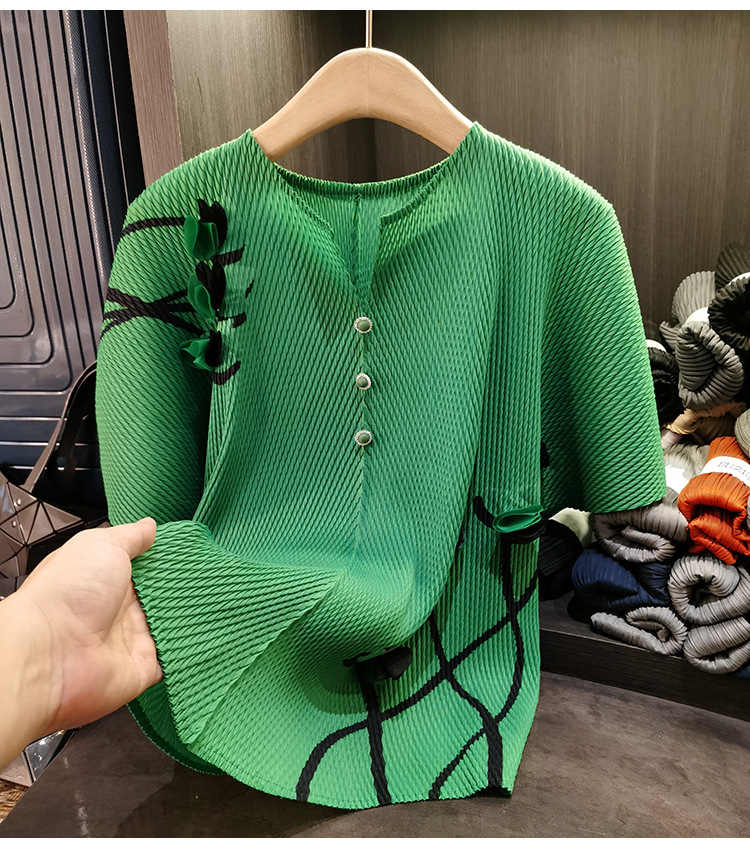 Áo kiểu nữ cổ V tay cánh dơi xếp ly vảy cá dáng rộng mùa hè — quả cam, đậu xanh, hoa hồng đỏ, màu xanh lá cây chi tiết 6