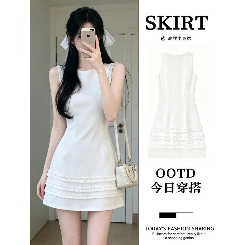 White Sleeveless Dress for Women, Beautiful Summer Mini Dress, A-Line Cinched Waist Short Skirt, Summer Outfit for Petite Figures, Korean Style White Sleeveless Dress for Women, Beautiful Summer Mini Dress, A-Line Cinched Waist Short Skirt, Summer Outfit for Petite Figures, Korean Style