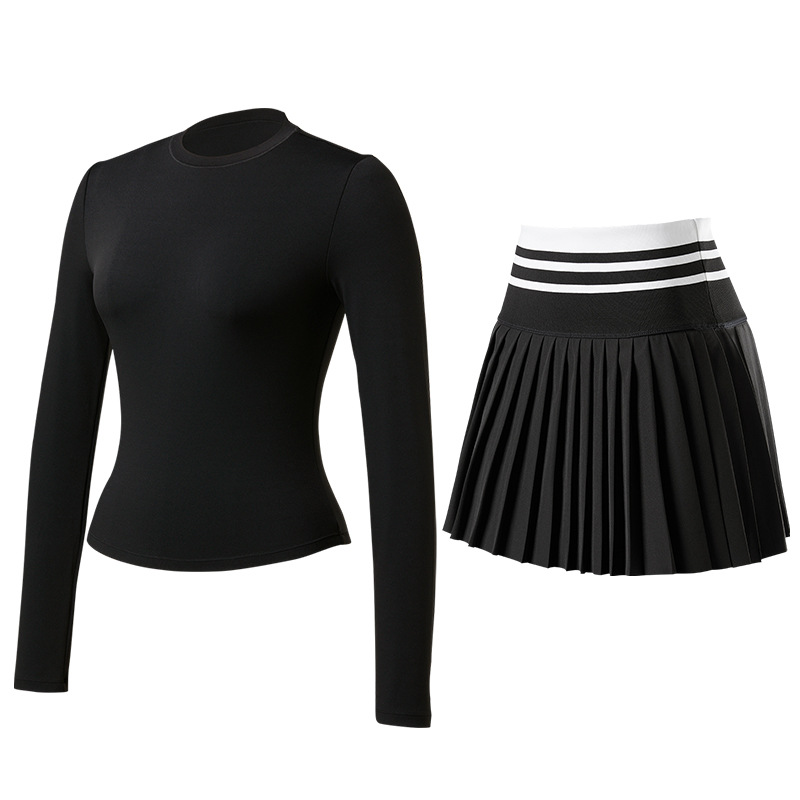 Trajes deportivos, trajes de yoga cortos, mangas largas, falda de tenis elástica, secado rápido, delgado, abdomen cerrado, conjunto de camisas de ejercicio.