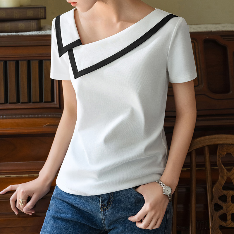 Camiseta de manga corta para mujer, estilo nuevo de verano 2025, camiseta de algodón con cuello en V y hombros caídos estilo francés con diseño de cuello en contraste de color.