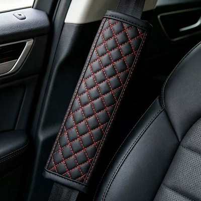 Seat belt shoulder pad, Fiber Car Seatbelt Shoulder - black-leather-and-red-thread-diamond-quilted-shoulder-pads-23715cm