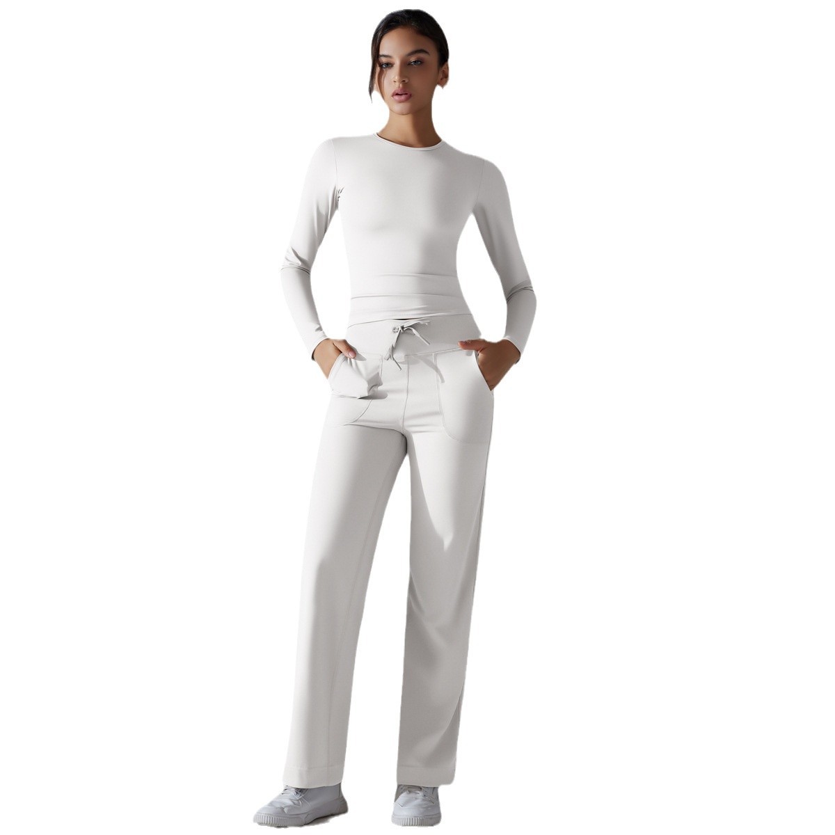 Cross-border double face nylon color sólido larga manga larga set de yoga de cintura alta piernas anchas ejercicio ejercicio ejercicio dos piezas set