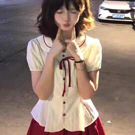 【原版质量】韩系甜美学院风撞色娃娃领蝴蝶结短袖女上衣