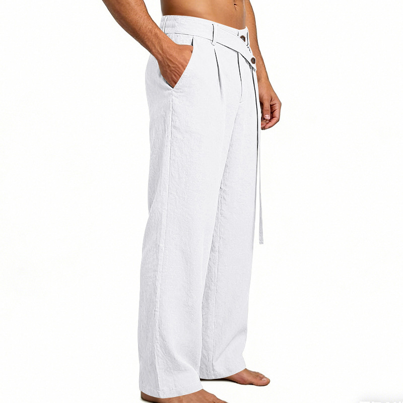 Men's Solid Color Linen Pants Simple Loose Fit High End Straight Leg Casual Midweight Polyester Long Trousers_viptrois.com
