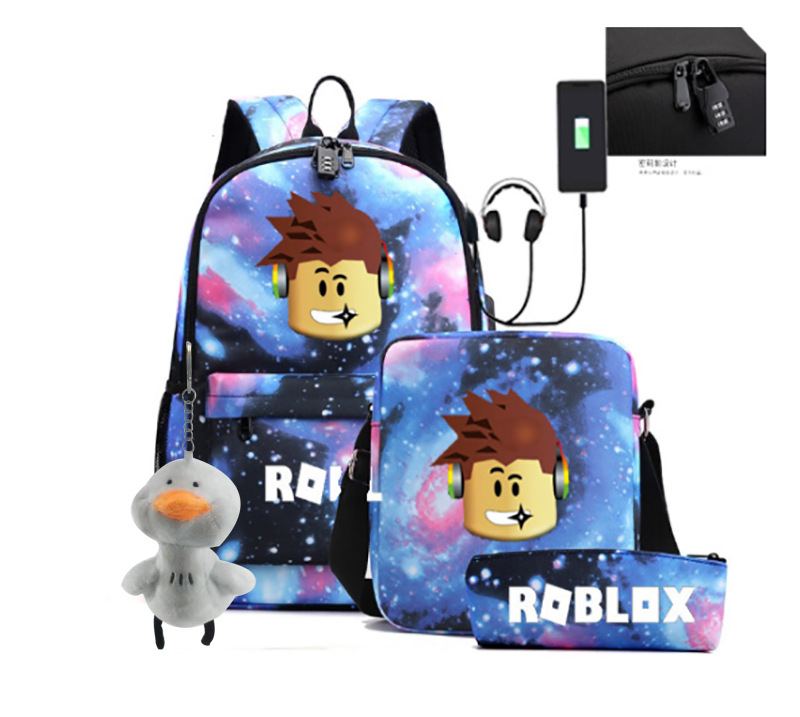 2023 juego de roblox transfronterizo alrededor de carga USB bolso de hombro masculino y femenino bolso de lápiz de un solo hombro conjunto de tres piezas para estudiantes de secundaria