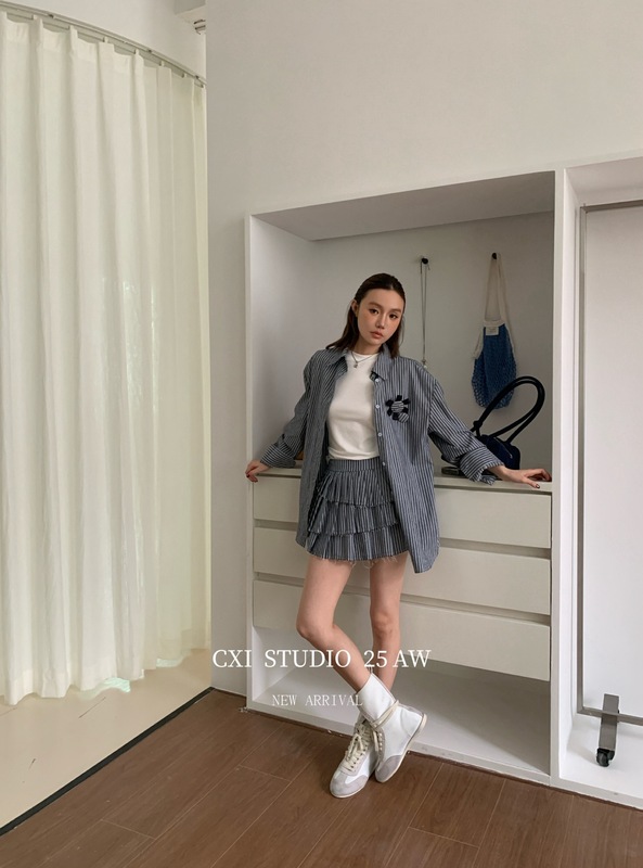 CXI 秋季新款美式小众廓形长袖衬衣裙子套装宽松条纹衫修身百褶裙|undefined