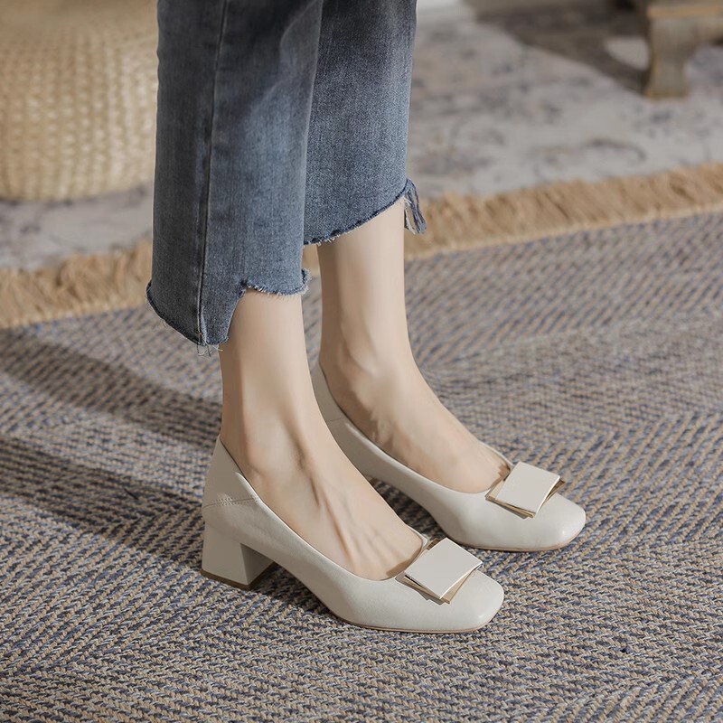 Genuine Leather Chunky Heel Women's Shoes 2026 New Versatile Elegant Mid-Heel Shallow Mouth Mom Shoes French Style Professional High-Heeled Shoes