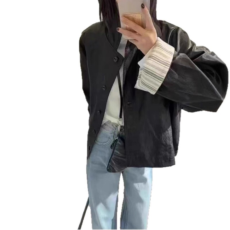 韩系拼接休闲短款PU皮外套女2025春秋新款设计感翻领软皮夹克上衣|undefined