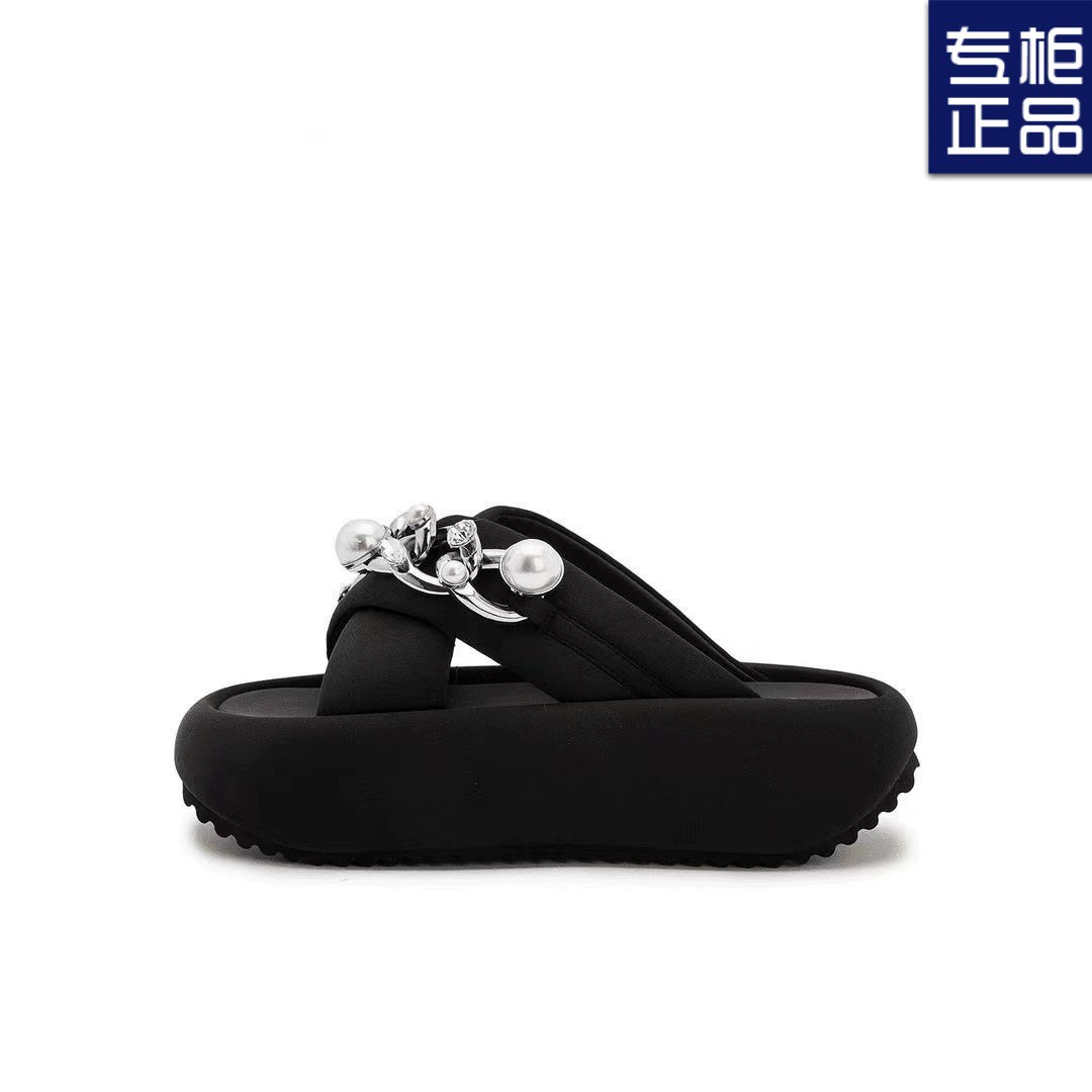 Женские сандалии на толстой подошве для лета 2025, новый стиль с французской цепочкой, жемчугом и стразами, повседневные однорядные пляжные шлепанцы