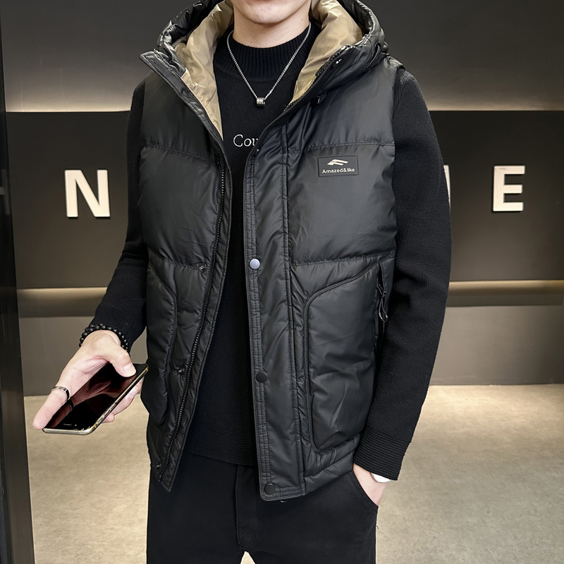 2025 Winter New Short Hooded down Vest for Men, Casual Japanese Style Puffer Jacket, Warm Outerwear Vest