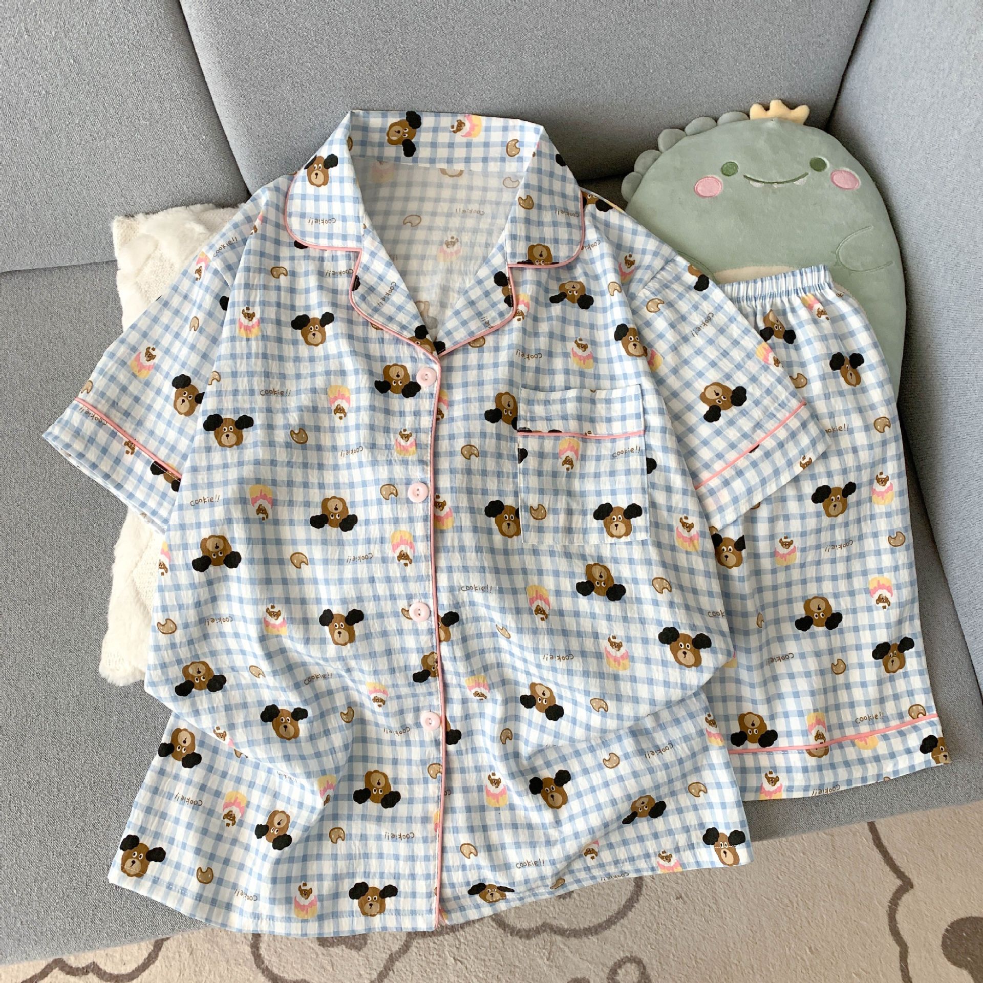 Pequeño libro rojo recomienda verano nuevo pijama de mujer nubes de algodón con solapa cardigan de manga corta pantalones cortos dulces dibujos animados ropa para el hogar