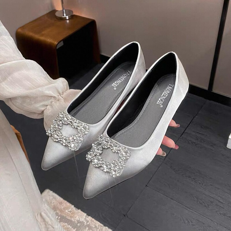 Genuine Leather ~ French Elegant Silk Satin Shoes Women's Spring New Pointed Rhinestone Square Buckle with Skirt Flat Pumps
