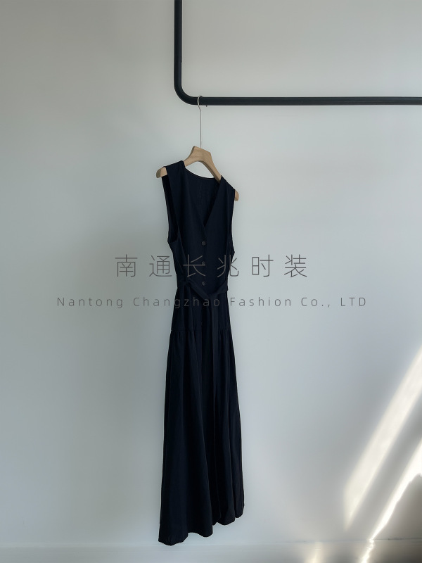 [暗调美学]25早秋亚麻混纺V领无袖黑色连衣裙长裙/极简纽扣+腰带|undefined