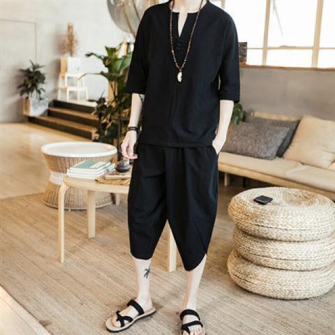 Nuevo traje de lino de verano para hombre Camiseta de estilo chino de manga corta de dos piezas de gran tamaño pantalones recortados sueltos para hombre