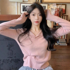 温柔风软糯V领短款针织衫毛衣女秋冬修身内搭翻领粉色打底 衫上衣