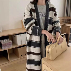 202新款秋冬条纹长款针织开衫外套女慵懒风宽松显瘦毛衣外搭大衣