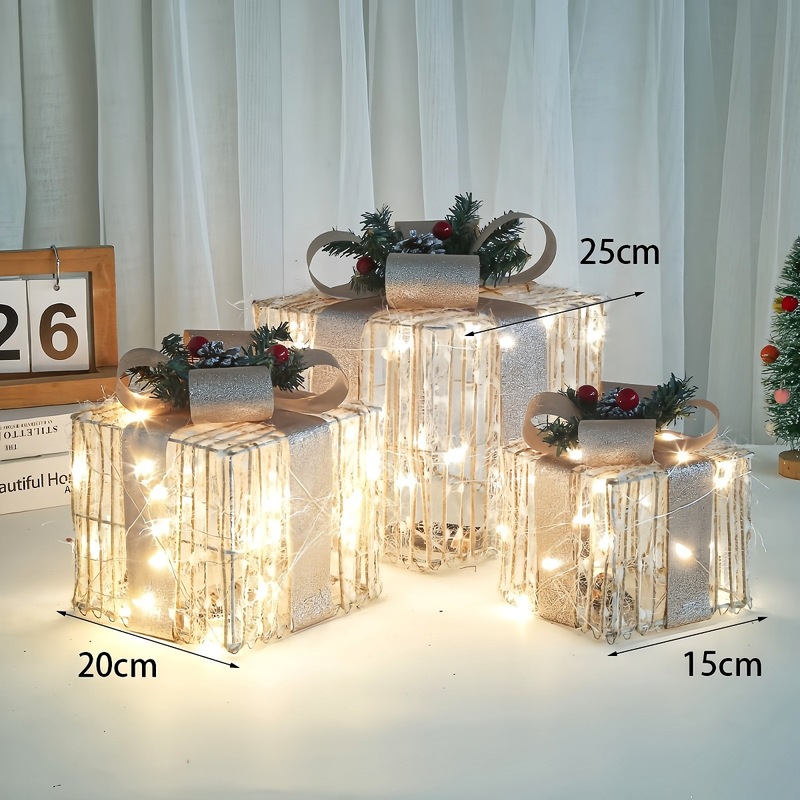2025クリスマス装飾用工芸クリスマスツリーの雰囲気装飾リボンプレゼント箱三点セット鉄芸置物|undefined