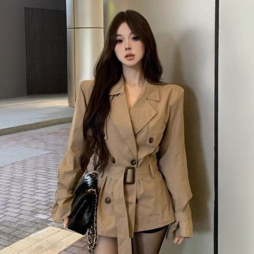 French-Style High-End Trench Coat for Women, Autumn New Khaki British Style Petite Waist-Cinching Short Coat