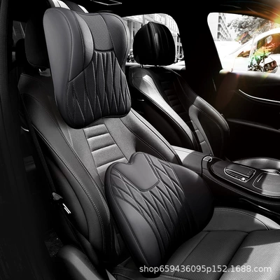 High-End Car Headrest, Neck Pillow, Seat Cushion, Leather Driving Set, Car Lumbar Support Cushion (Headrest) - graphite-black-headrest-lumbar-support-set-genuine-leather-c-style-quilted-upgrade-3d-full-support