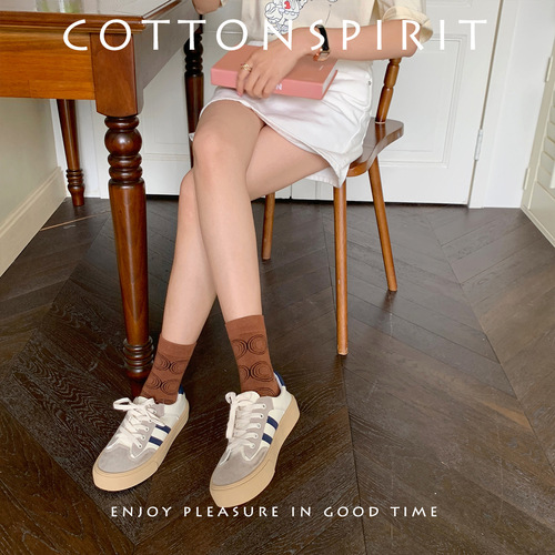 Socks for Women - Korean Version - Mid-Calf Cotton Ins Trendy Spring and Autumn Matchable Brown Color Retro Flower Japanese Style Long Socks