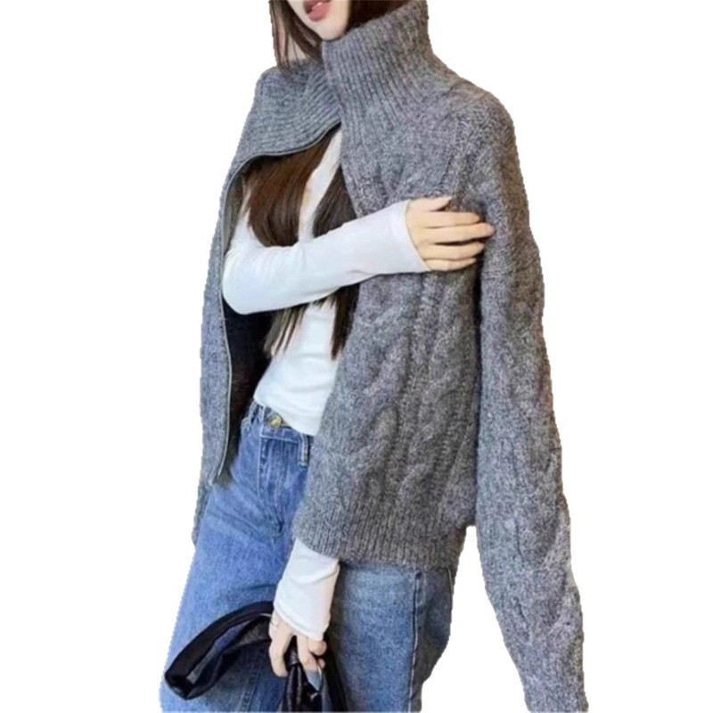 秋冬穿搭慵懒风高领毛衣加厚女2025新款双拉链设计感开衫女装外套|undefined