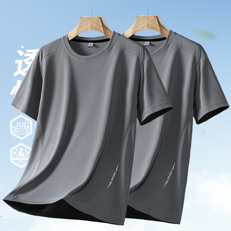 Hielo camiseta delgada de hombre de manga corta de cuello redondo de verano grande relajado deportivo casual secado rápido chaqueta transpirable media manga