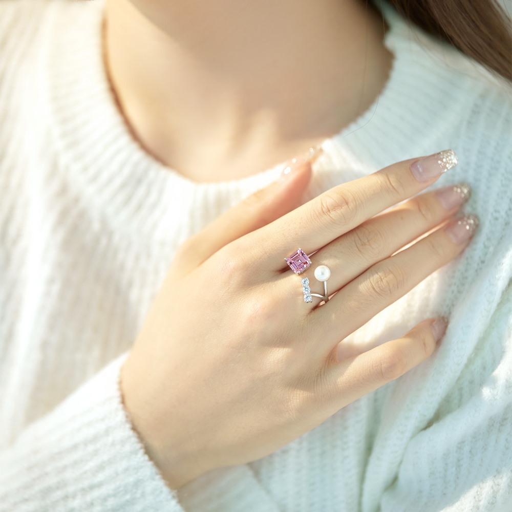 Fashion Geometric Sterling Silver Inlay Artificial Pearls Zircon Open Ring 1 Piece