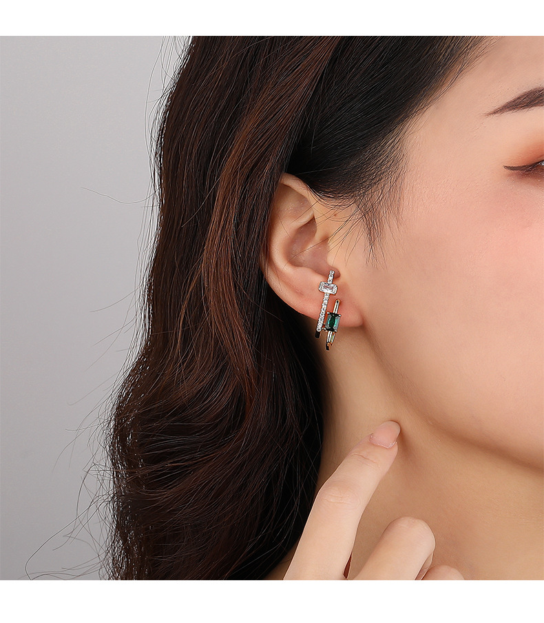 fashion s925 sterling silver inlaid color zirconium rectangular stud earrings