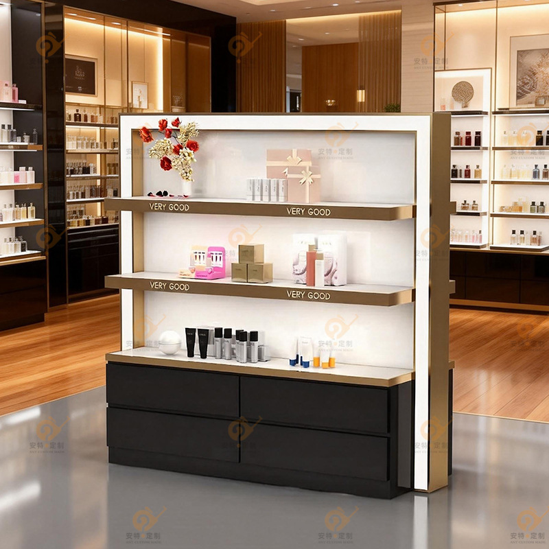 Cosmetics Display Cabinet, Beauty Salon Painted Display Cabinet with Lights, Beauty Showcase Cabinet, Specialty Store Island Low Cabinet Display Rack
