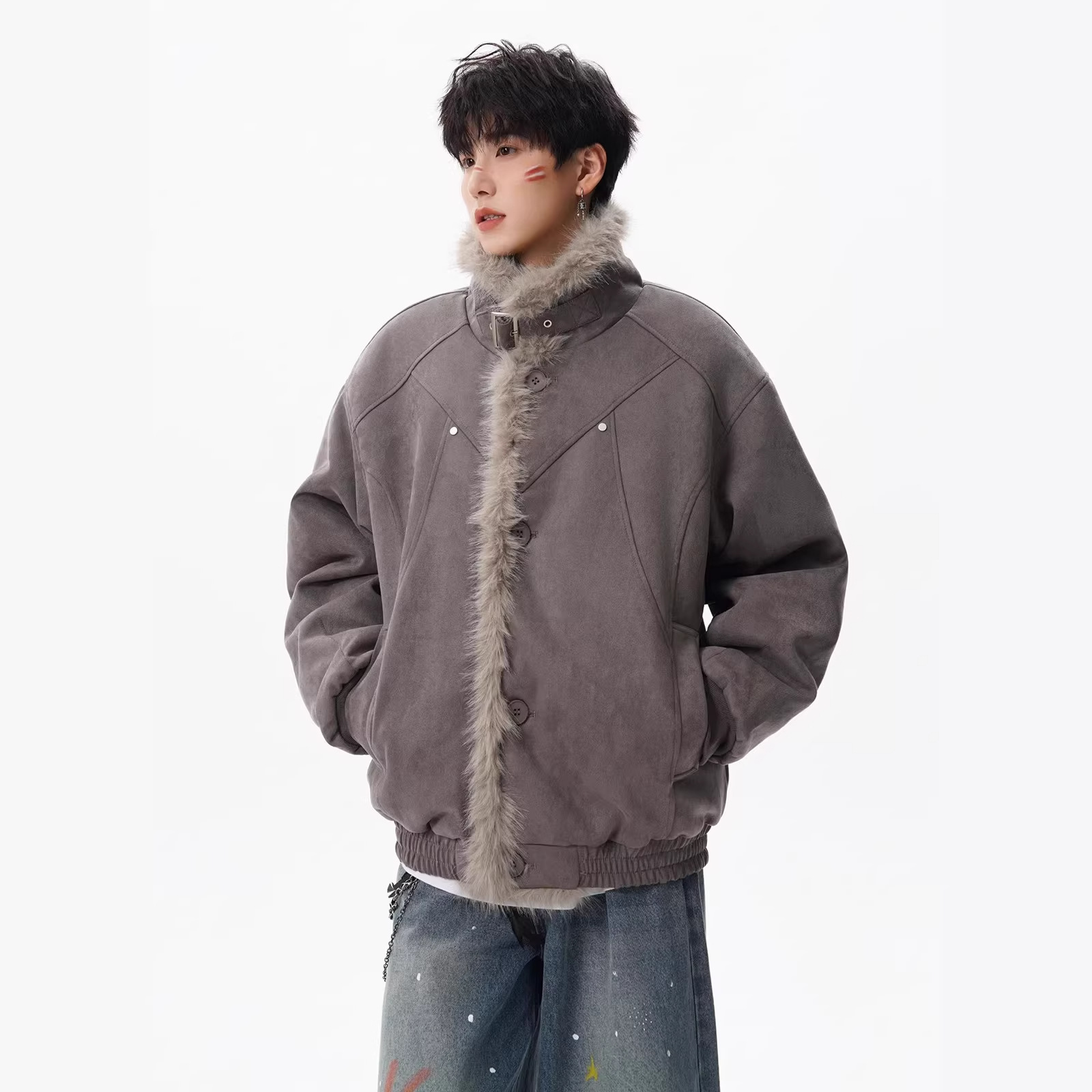 美式潮牌麂皮绒座山雕外套男冬季高级感痞帅加厚棉服保暖毛领夹克