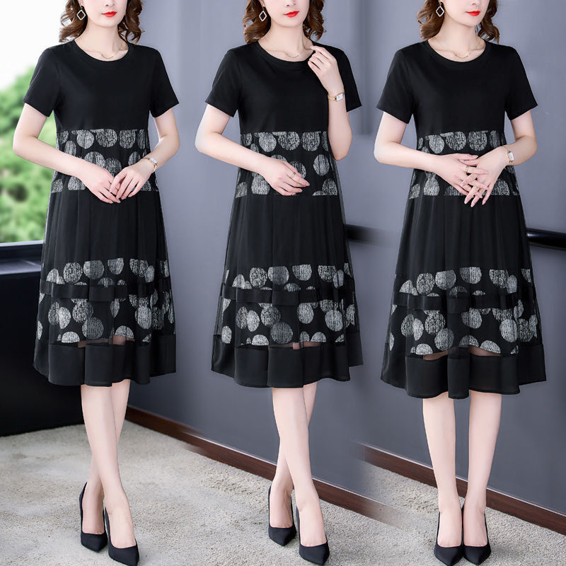Plus-Size Women's Short-Sleeve Dress, Summer Stylish Printed Faux Two-Piece Straight Dress, Loose and Slimming Dress for Moms
