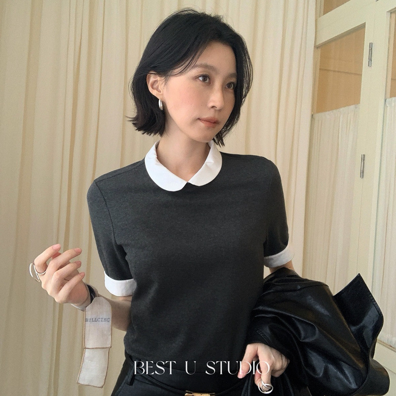 【High-Quality Custom Order】Miu-style patchwork doll shirt, short-sleeve T-shirt, knit top (detachable collar)